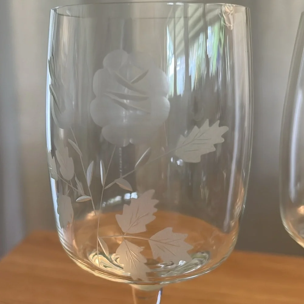 VTG Crystal Wine Stem Glasses  -Toscany Floral Etched